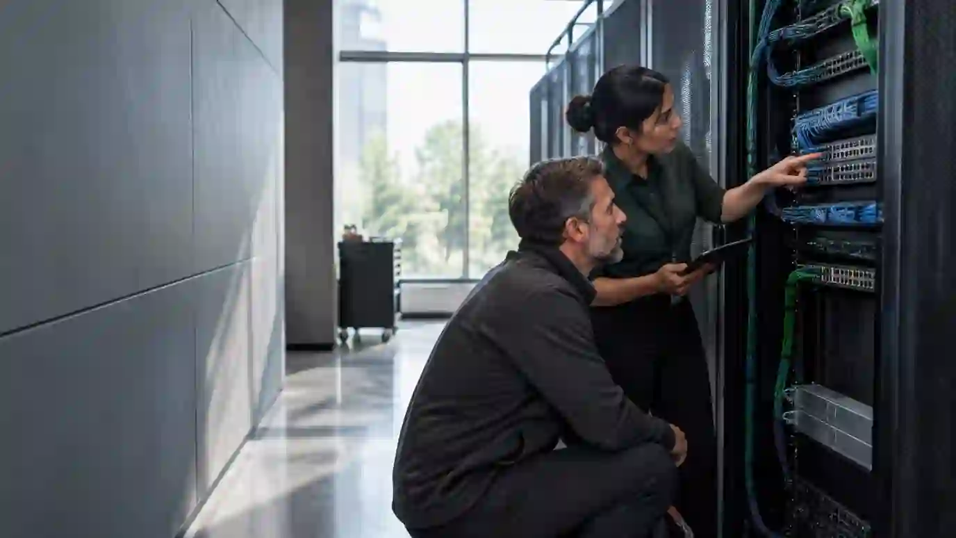 Two technology professionals inspecting equipment in a network rack