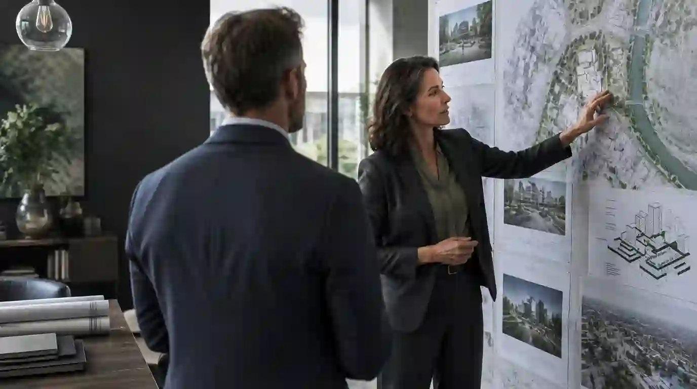 An advisor and business leader examining printed architecture plans