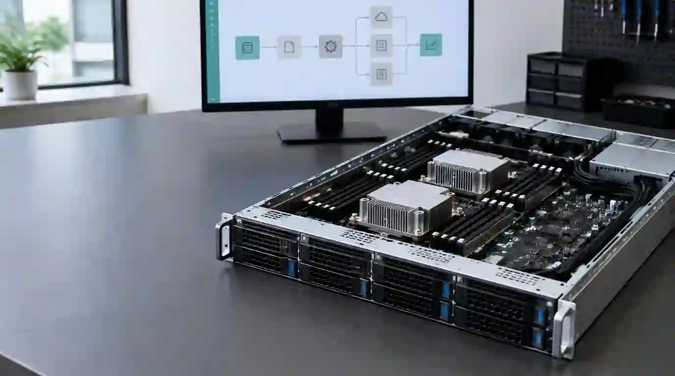 An open compute server beside a monitor displaying a workflow diagram