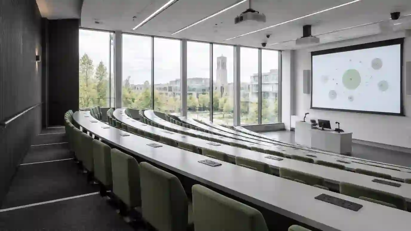 Integrated classroom technology in a modern university lecture room