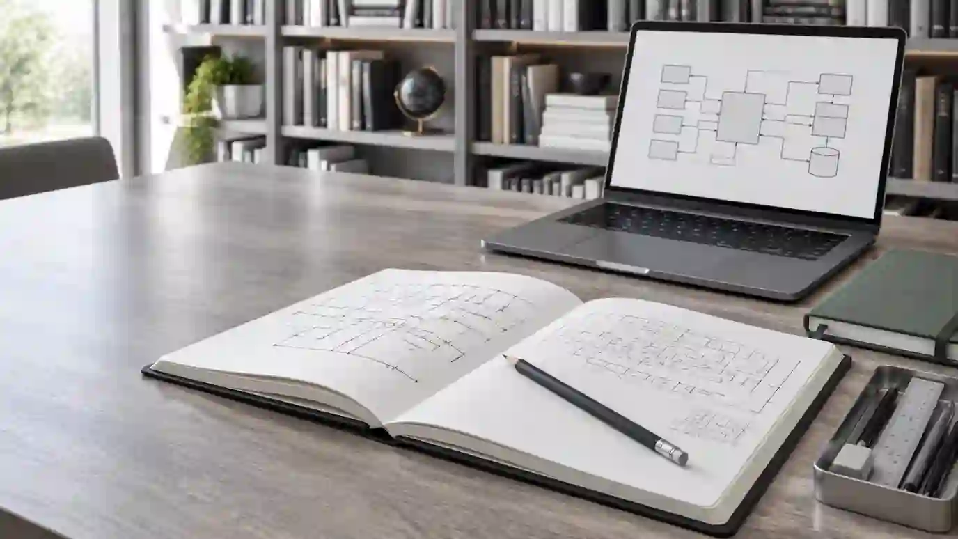 Technical diagrams in an open journal beside a research laptop