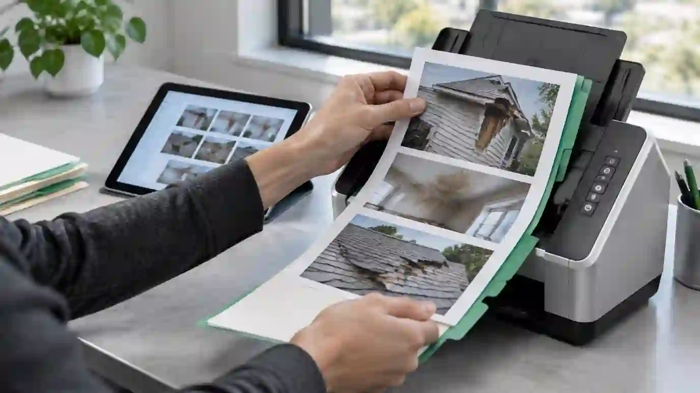 Hands preparing property damage evidence for a document scanner