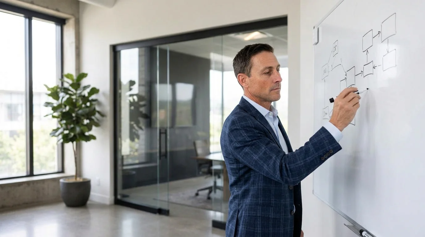 AI-composed editorial scene of Jon Barrett drawing a technology roadmap on a whiteboard, focused on the diagram