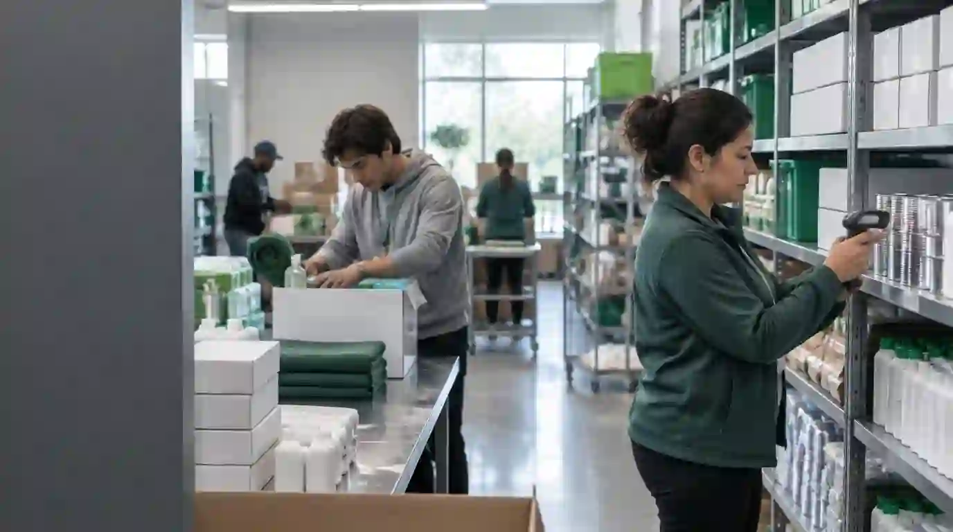 Program staff scanning supplies and preparing community distribution kits