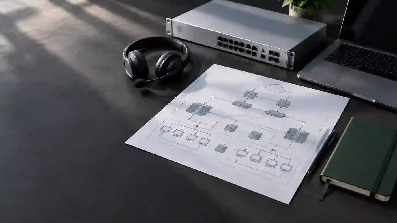 A network appliance, headset and printed architecture diagram on an advisor's desk