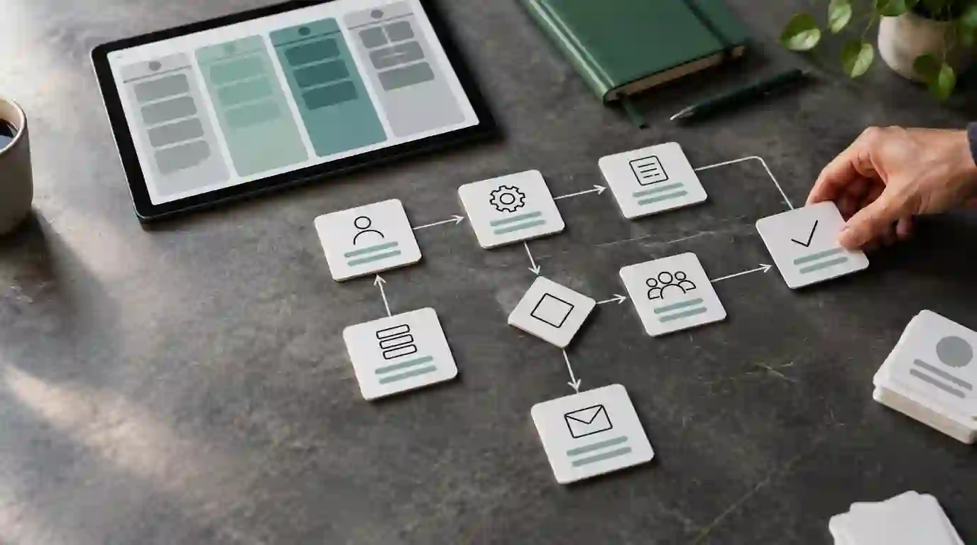 A hand arranging physical workflow cards beside a planning tablet