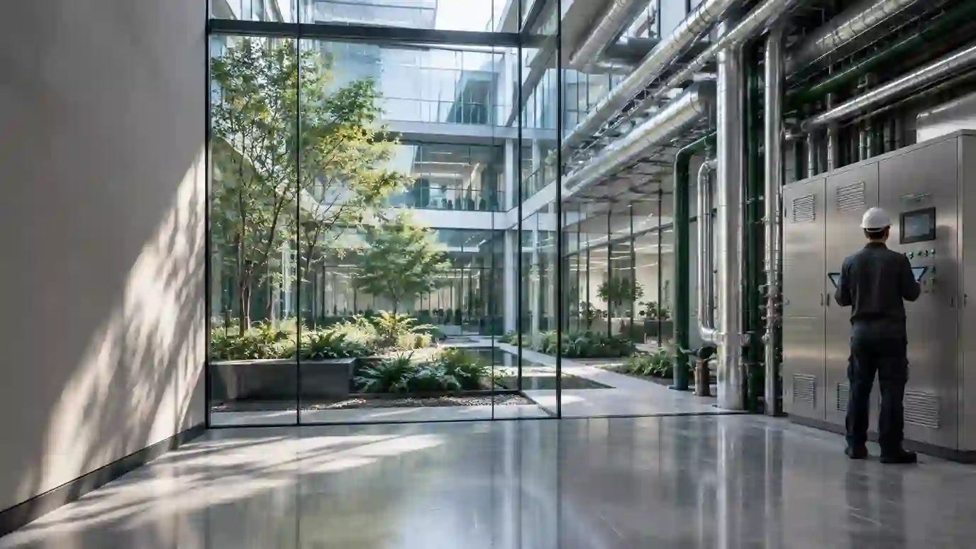 A facilities engineer inspecting building systems in a glass atrium