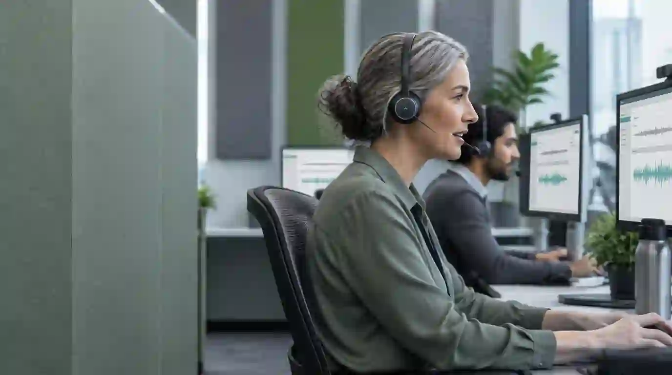Customer support professionals using headsets and service workstations