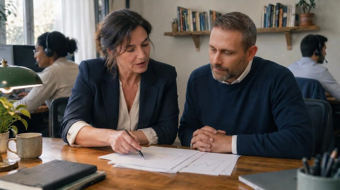 Illustrative advisory scene with a technology advisor reviewing a report beside a contact center team