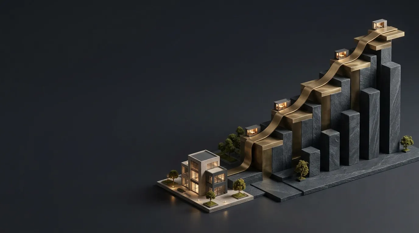 Editorial 3D illustration of translucent glass steps rising with a glowing trajectory line